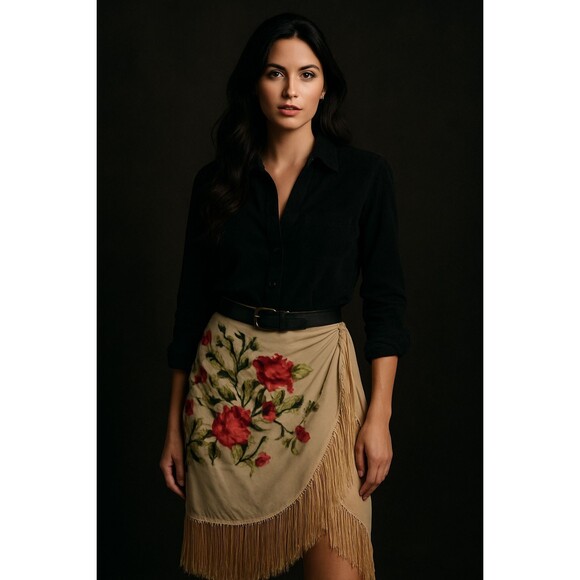 Vintage Ralph Lauren Silk Floral Wrap Fringe Mini Skirt Sz 4 Western Y2K FLAWED - Picture 1 of 12